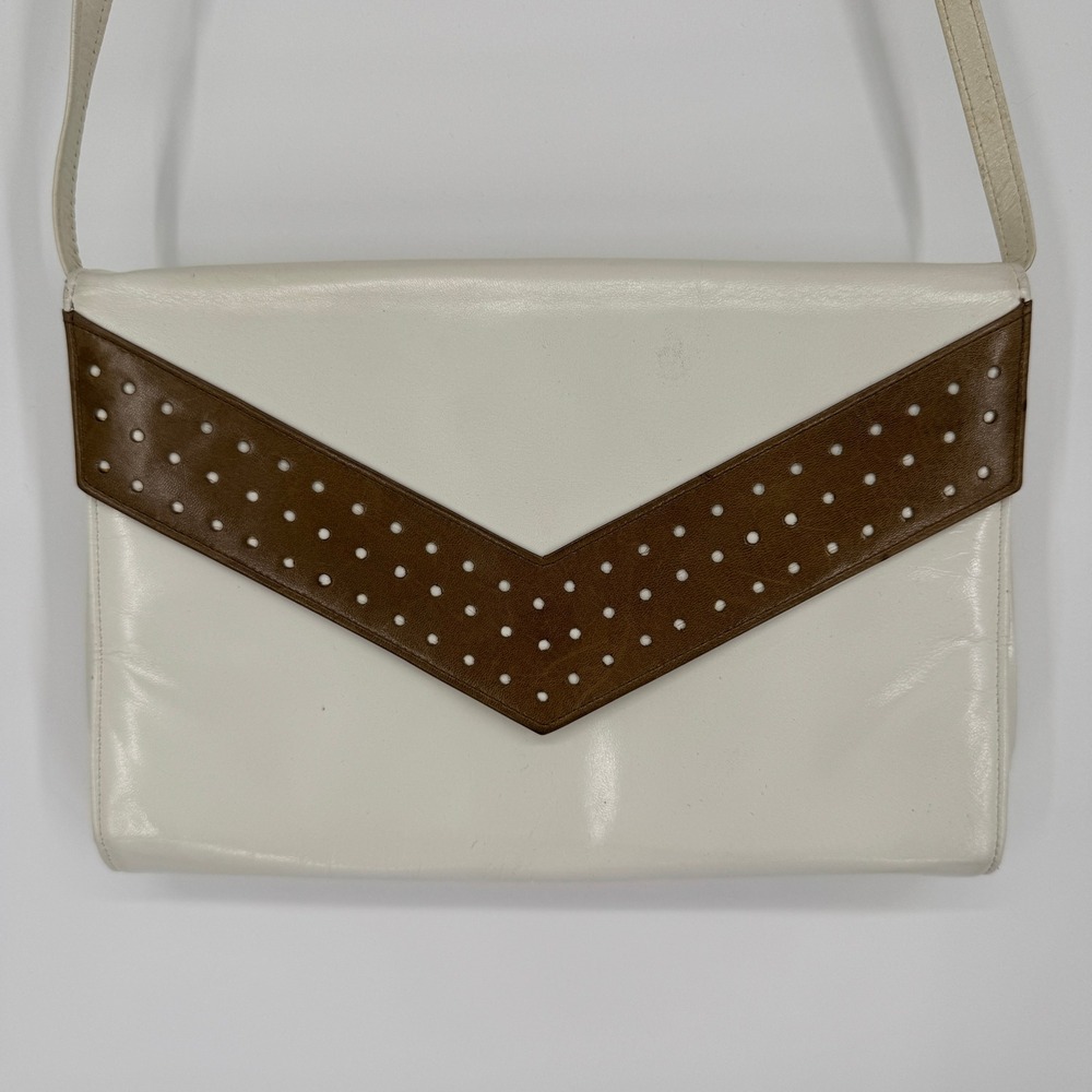 Vintage Rayne Leather Shoulder Bag Womens White Brown‎ Minimalist Chic Retro Mod